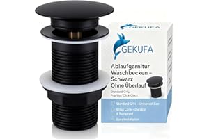 GEKUFA Bonde de lavabo Pop-Up Clic-Clac Universelle sans trop-Plein, Standard G1¼ (≈41 mm), Alliage de Zinc Robuste & Joint Silicone étanche, Installation Rapide, Noir élégant