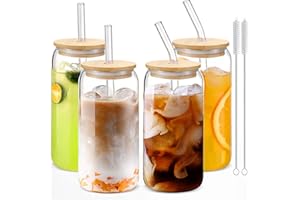 JORTINE Szklanki z pokrywką i słomką, 4 szklanki koktajlowe 500 ml, szklanki do piwa, idealne do cappuccino, mrożonej kawy, koktajli, lemoniady, zestaw szklanek idealny na urodziny, Boże Narodzenie,