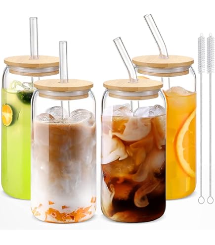 ALINK Gobelets En Verre Avec Couvercles Et Pailles En Verre