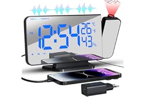 TAKRINK Budzik z projektorem 7,5 cala budzik radiowy cyfrowy nocny budzik z projektorem obracającym się o 180° Jasność regulowana temperatura wilgotności