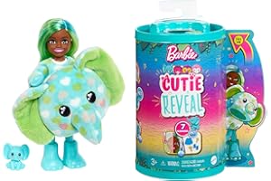 Barbie HKR13 - Cutie Reveal lalka Chelsea w kostiumie pluszowego słonia i 7 niespodzianek w tym efekt zmiany koloru, asortyment dżungli z akcesoriami, zabawki dla lalek od 3 lat
