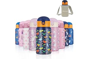 Autsel 500ML Borraccia Bambini Acciaio Inox con cannuccia Bottiglia Termica per Bambini a doppia parete senza BPA Bottiglia Acqua a prova di perdite, Navy Dinosauro
