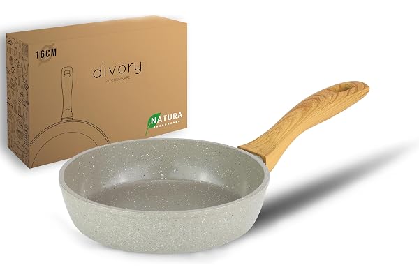 DIVORY Poêle en céramique 16cm - Poêle avec revêtement, compatible induction, sans PFAS & PTFE, petite poêle, passe au four & au lave-vaisselle - (Natura, 16 cm)