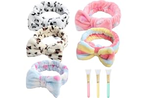 EUDUQ 5 Pezzi Fascia Capelli Donna Trucco,Fascia Capelli Skincare con 3 Pennello Maschera in Silicone,Cerchietto con fiocco elastico in velluto corallo,per Skinscare, Lavare il Viso,Make up,Spa