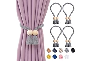 Pretty Jolly 4 Pack Wooden Ball Magnetic Curtain Tiebacks Boho Home Decor Drape Tie Backs Natural Cotton Hand Woven Rope Curtain Holdbacks for Thin & Thick Home & Office Window Draperies (Grey)