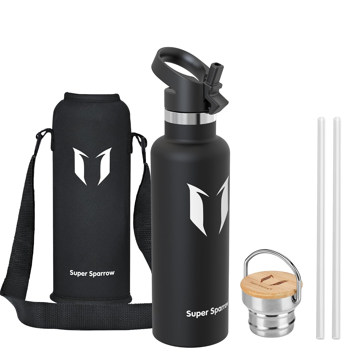 Sparrow Botella Agua Acero Inoxidable 500ml &750ml &1L- Botella con Pajita | Sin BPA & Fugas, Lavavajillas, Deporte, Gimnasio, Oficina, TwistTrail Botella Termica Tapa Pajita,Tapa Asa & Funda