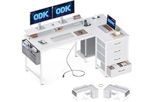 ODK Corner Desk with Drawers, L Shaped Computer Desk 140x80cm with USB Charging Port & Power Outlet, Home Office Desk with Monitor Stand and PC Stand, Gaming Desks Workstations, White
