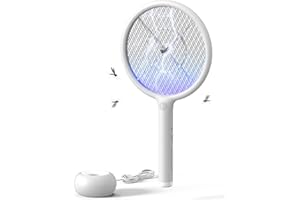AROEVE Racchetta Zanzare Elettrica, 2-in-1 Racchetta Zanzare, 4000V, Base di Ricarica USB, Batteria Ricaricabile da 1200mAh, Modalità di Attrazione Auto, Luce LED, Protezione a 3 Strati,Bianco