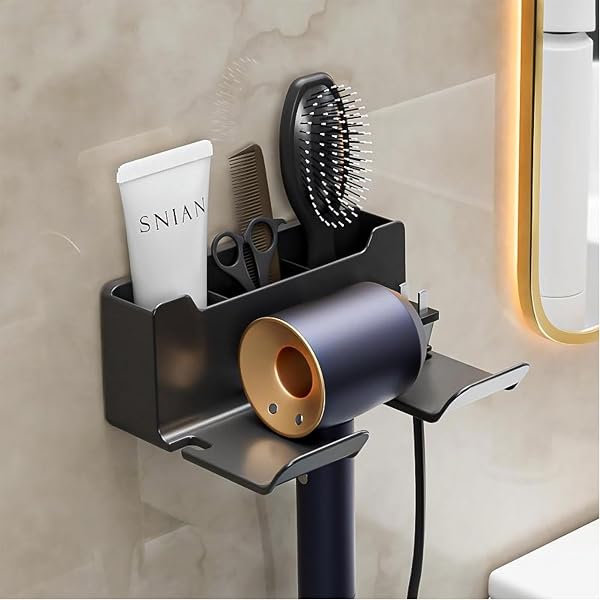 Yimerlen Blow Dryer & Straightener Holder - Wall Mounted Organizer With Phone Holder, Black - View #3