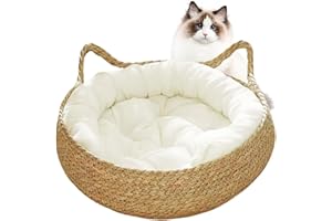 SMELEYOU Cat Beds for Indoor Cats Kitten Bed 38x12cm Cat Donut Bed 2-in-1 Woven Cat Baskets Bed with Soft Cushion Scratch-proof Kitten Bed Cozy Round Wicker Cat Basket