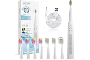 Seago Ultradźwiękowa szczoteczka do zębów, elektryczna szczoteczka do zębów z 8 głowicami do szczoteczek do zębów, 40 000 wibracji na minutę, 5 różnych trybów, ładowana przez USB (biała)