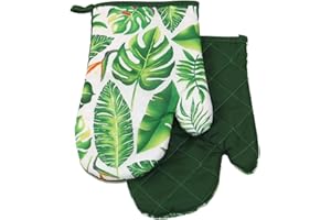 Euromat FS30 - Juego de 2 guantes de cocina con imán, guantes para barbacoa, guantes de horno, guantes de cocina, manoplas de cocina, hojas FS30, color verde y blanco