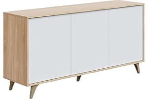 Habitdesign Aparador 3 Puertas, Bueffet para salón, Armario Auxiliar, Modelo Kikua Plus, Acabado en Blanco Artik y Roble Canadian, Medidas: 154 cm (Ancho) x 75 cm (Alto) x 40 cm (Fondo)