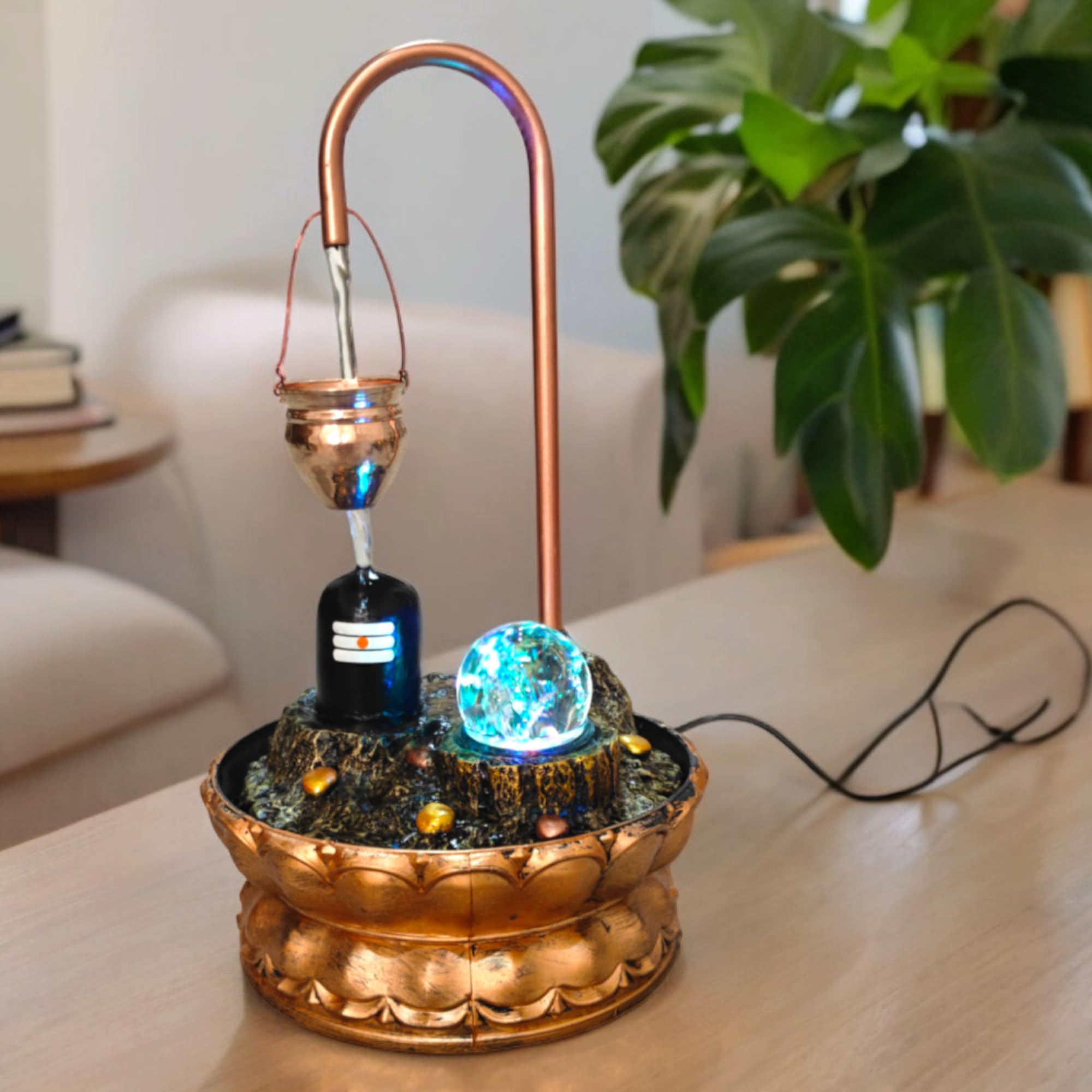 Decrosh Copper Metal Shivling Water Fountain with Crystal Ball for Home Decor Showpiece Tabletop Waterfall Fountain Decoratio