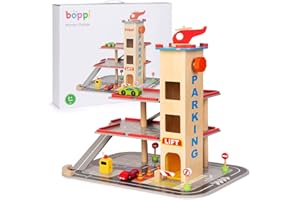 boppi Garage Macchine per Bambini - Piste Macchinine per Bambini- Giochi in Legno - Parcheggio Macchinine per Bambini con 1 Elicottero Giocattolo E 2 Auto- Autolavaggio Giocattolo 39 Cm 3 Livelli