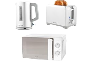 Salter Aspen Kettle, Toaster, & Microwave Set – Matching Kitchen Countertop Breakfast Set, Rapid Boil 1.7L 3kW Kettle, 2-Slice Anti-Jamming Toaster, 20L 800W Manual Microwave, Dial Control, Silver