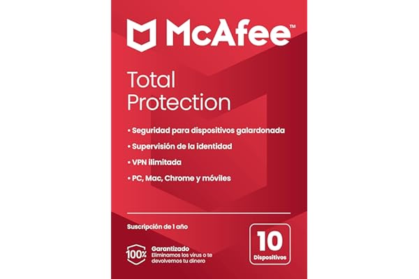McAfee Total Protection 2024, 10 dispositivos | Antivirus, VPN, seguridad móvil y de Internet | PC/Mac/iOS/Android|Suscripción de 1 año | Correo Postal