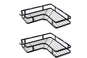 BEDECO Zestaw 2 półek prysznicowych bez wiercenia | narożny regał prysznicowy z 4 haczykami | samoprzylepny organizer łazienkowy | regał narożny na szampon, żel pod prysznic | regał do łazienki, prysznica i
