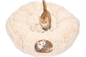Avont Túnel para Gato, Juguete Interactivo Plegable y Extensible para Gato con Cama Cojín Suave y Bolita Colgante (Crema)
