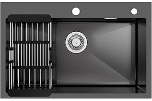 CECIPA Fregadero Cocina Grande Negro con Escurridor Retráctil, 70×45cm para Armarios de 70cm o Más, Acero Inox con Sifón y Rebosadero