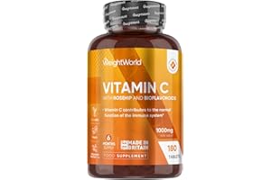 WEIGHTWORLD Vitamin C Tablets 1000mg - 180 Tablets - 6 Months Supply - Added Rosehips & Bioflavonoids - Vegan, Gluten-Free & Lactose-Free - VIT C Supplement (As L-Ascorbic Acid) - 1 per Day - Made in The UK