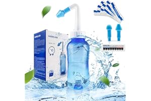 WATERPULSE Neti Pot Sinus Douche nasale avec sel 300 ml avec 10 sachets de sel de rinçage nasal et thermomètre autocollant pour adultes & enfants sans BPA, bleu