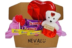 NEVALU NEVALÜ Caja Corazón para Regalo con Dulces y Osito “Te amo”. Huesitos, Lacasitos, Piruletas y Osito. Regalo San Valentín, Cumpleaños, Día de la Madre y Navidad.