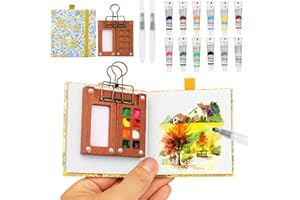 BLSFXROE Set de Mini Acuarelas Portátil，Mini Set de Acuarelas con Cuaderno y Pintura, Paleta de Pintura de Acuarela de 12 Colores con Bolígrafo para Pintores, Artistas, Estudiantes(Amarillo)