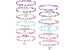 JUKOTA 12 Piezas Lindo Collar de niña Gargantilla Collar Set para Niños Adolescentes Mujeres, Colgante Colgante Unicornio Arco Iris Gato Corazón Flor Gargantilla Tatuaje de Henna elástico elástico