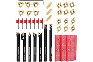 VerRich Kit di 28 utensili per tornitura indicizzabili, con gambo da 10 mm, barra di alesatura in metallo con 21 inserti in carburo per alesatura, taglio, scanalatura, tornitura e filettatura