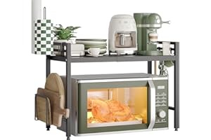 ‎NETEL NETEL Mikrowellen Ständer 2 Stufiges Mikrowellen Halter Organizer mit Haken, Rollen Schneidebrett Halter, Schwarz, Ausziehbar von 40-60cm