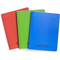 Conquérant Lot de 3 Cahiers 17 x 22 ‐ 96 Pages Seyes 90g Couverture Polypropylène (Couleur-assorti)- Rouge, Bleu, Vert