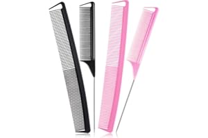 PATELAI 4 Pieces Carbon Fiber Parting Rat Tail Comb Cutting Comb Set, Includes Stainless Steel Pintail Comb Teasing Comb, Fine and Wide Tooth Comb Heat Resistant Hairdressing Comb for Braids Hair Salon Home