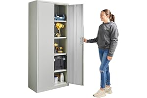 MMT Furniture Designs Ltd Metal Storage Cabinet with 4 Shelves, Utility Storage, Lockable, for Office, Garage Storage, 185cm Tall 2 Door Cupboard for Home, Pantry, File Cabinet & Tool Storage- Grey