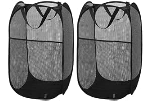AIFUSI 2 Pack Mesh Pop-up Laundry Hampers, Foldable Clothes Laundry Basket Durable Handles Portable Easy to Open and Folds [Black]