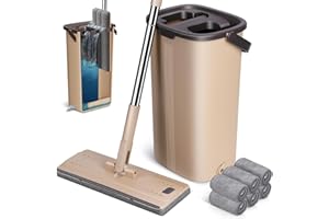 MASTERTOP Balai Plat Microfibre et Seau Essoreur, Serpillère Rotative 360° et Seau de Système Auto-Lavage pour Nettoyage de Sol Humide & Sec, avec 6 Tampons (Beige)