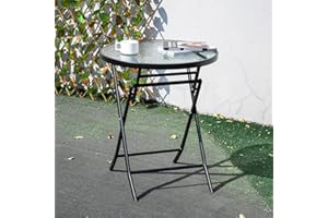 The Fellie Garden Table Folding Side Table Outdoor Tempered Glass Coffee Table Round Patio Table(60 * 60 * 72cm Round FoldingTable-Black)