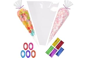 CAKKVDE 100Pcs Sweet Cone Bags with 5-Colour Twist Ties & Ribbons | 16x30cm Cellophane sweet bags for Candy, Cookies, Parties | Halloween, Christmas, Baby Shower, Wedding Favours