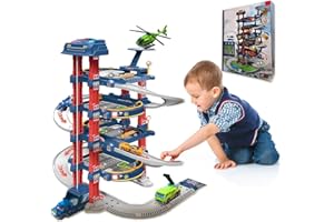KOOLBITZ Xwin Kids Garage Playset, 4 Level Multi-Story Car Parking Toy with 4 Cars, Lift Platform, Spiral Ramp, Car Wash and Racing Track for Children Ages 3+ Years