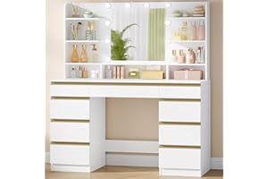 Hzuaneri 108cm Toeletta da Trucco con 10 Luce LED, 3 Colori, Luminosità Regolabile, Grande Specchio HD, 1 Cassetto Grande e 8 Cassettiere Piccole, 9 Vani Portaoggetti Aperti, Bianco-Oro DT35703X