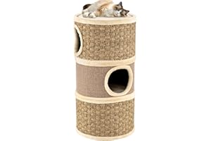 SOARS Tonneau à Gratter pour Chat 70 cm, Tour Arbre à Chat 4 Niveaux avec 3 Grottes et Surface Griffoir en Sisal, Niche Intérieure Stable Ø36, Marron et Naturel
