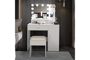 Karlhome White Dressing Table Set Lighted Makeup Vanity Set with Storage Shelves, Drawers & Cabinet, LED Vanity Table with Cushioned Stool for Bedroom