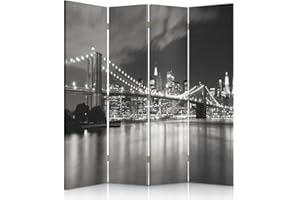FEEBY FRAMES Feeby Biombo Manhattan Brooklyn Bridge 4 Piezas 145x150 cm Unilateral Divisor Plegable Impresión en Lienzo Decoracion Moderno Diseño Habitación Salón Oficina Dormitorio Home Office Blanco Y Negro