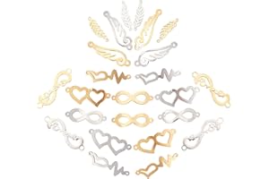 SUNNYCLUE 1 Boîte 24Pcs 6 Styles Connecteurs en Acier Inoxydable Charmes Infinity Liens Creux Coeur Plume Aile pour Toujours Pendentifs avec Double Boucles pour Bijoux Artisanat Faire