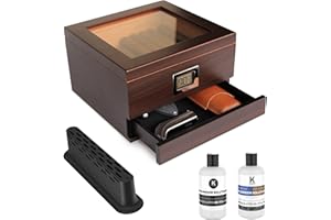 ‎CASE ELEGANCE Case Elegance Handgefertigter Humidor aus Zedernholz mit digitalem Hygrometer vorne, Luftbefeuchterlösung und Zubehörschublade für 25-50 Zigaretten
