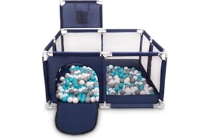 Selonis Parc Bébé Avec 100 Balles Plastiques Aire De Jeu Pliable Basket, Bleu:Gris/Blanc/Turquoise
