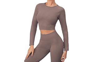 ZHENGHAO Buscando Womens Gym Sets 2 Piece Long Sleeve Workout Crop Top Tank Ribbed High Waist Seamless Leggings Tracksuits Activewear Yoga Outftis