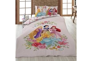 FAMILANDO Hermosa ropa de cama infantil de Disney Princess · 135 x 200 cm + 80 x 80 cm · Ropa de cama en tamaño alemán · Diseño con princesas Cenicienta Blancanieves Belle Arielle