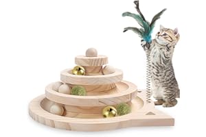 Honicemar Torre giocattolo per gatti in legno a 3 strati, con palla e pista, giocattolo interattivo con 3 tipi di palline, giocattolo per gattini per giocare al chiuso, divertente esercizio fisico e