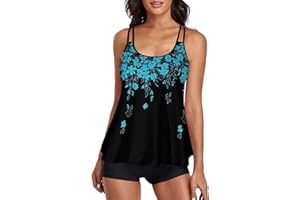 wihnsinop Tankini Damen Bauchweg Bademode Set Freizeit Badeanzug Tankinis Zweiteiler Sets Sommer Elegant Badeanzüge für Damen Oberteil mit Badeshorts